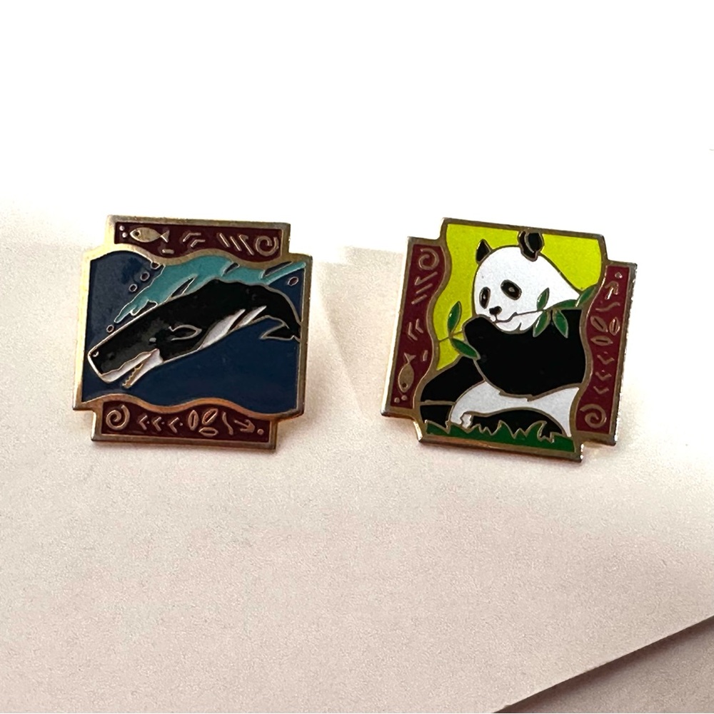 Animal Themed Enamel Brooch Set - Blue Whale and Green Panda